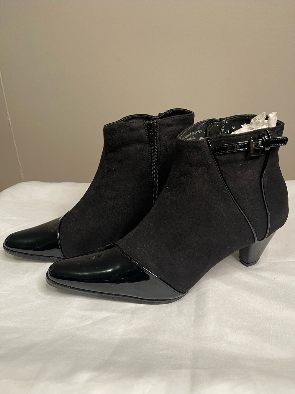 Women's Black Ankle Heeled Boots with Patent Cap Toe